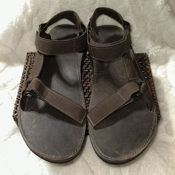 TEVA 13 Brown Original Universal Menswear Leather Canvas Velcro Straps Sandals - Picture 9 of 15